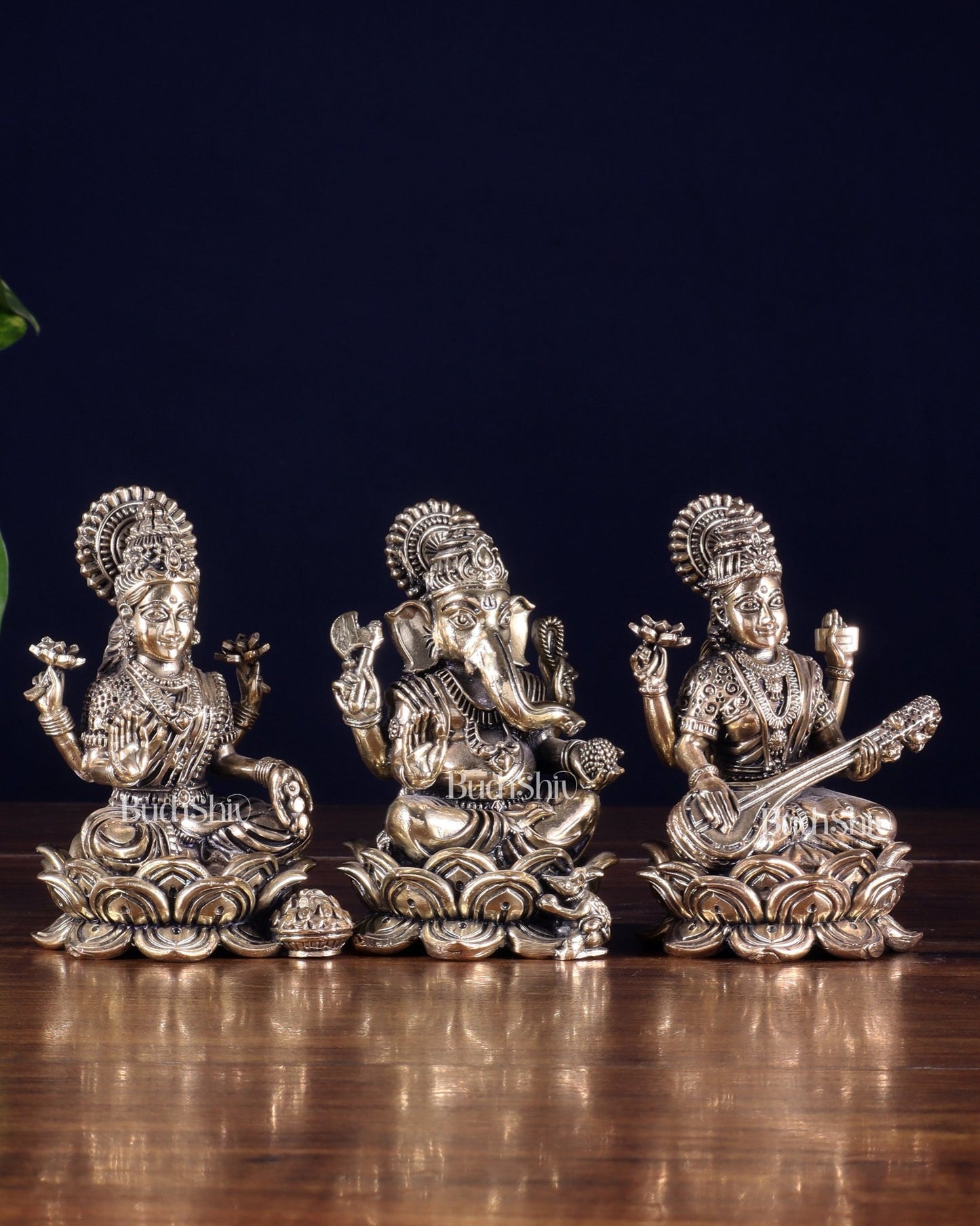 Brass Superfine Ganesha Lakshmi Saraswati Idol Set 4" - Budhshiv.com
