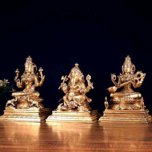 Brass Superfine Ganesha Lakshmi Saraswati Idol Set – Set of 3 Divine Deities 9" - Budhshiv.com