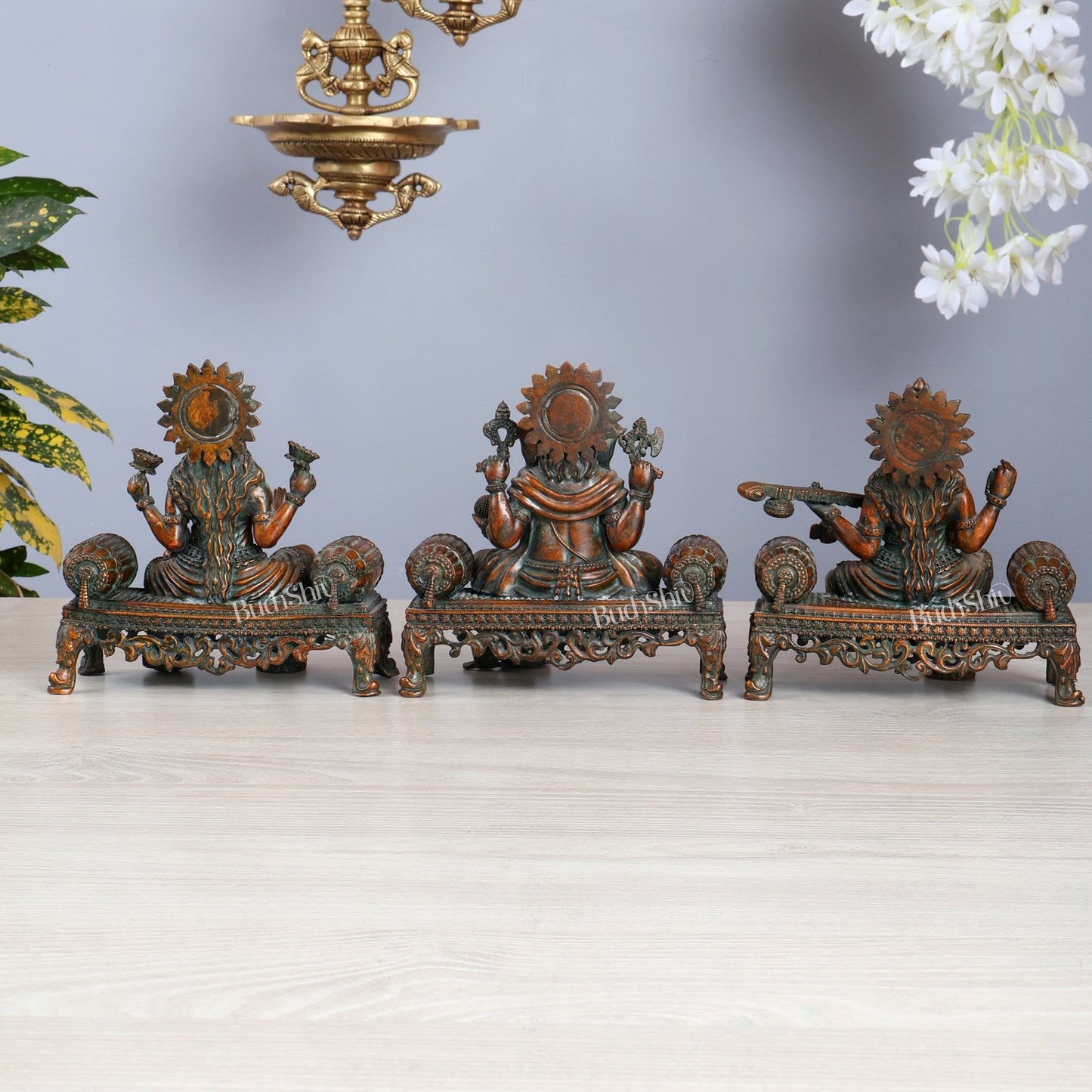 Brass Superfine Ganesha, lakshmi, Saraswati on thrones idols 4 and 5.5 inch chola bronze tone - Budhshiv.com
