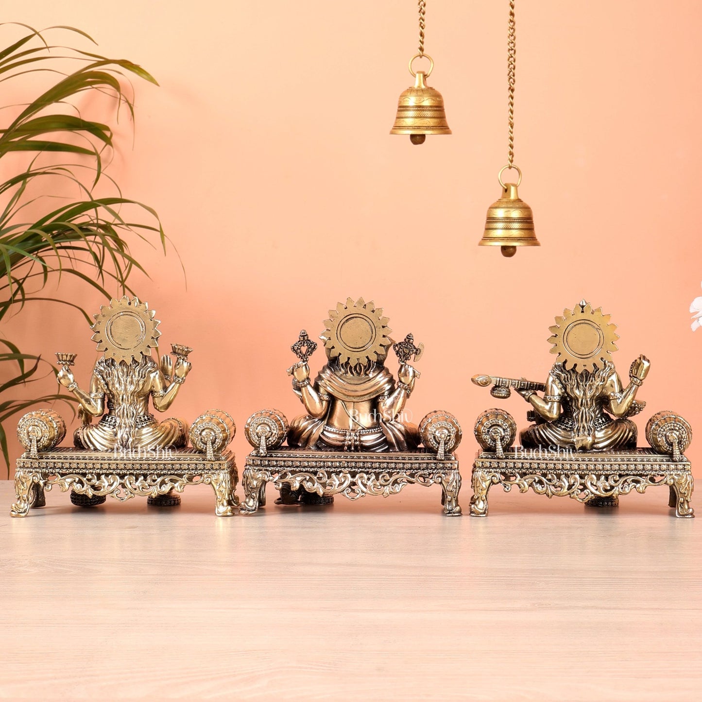 Brass Superfine Ganesha, lakshmi, Saraswati on thrones idols 4 and 5.5 inch - Budhshiv.com