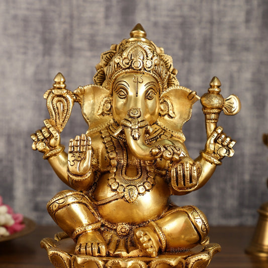 Brass Superfine Ganesha on lotus Statue | 9.5 Inch Height - Budhshiv.com