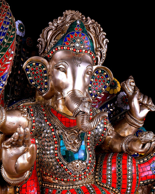 Brass Superfine Ganesha on Swan Chariot statue - 21.5 Inch Stonework - Budhshiv.com