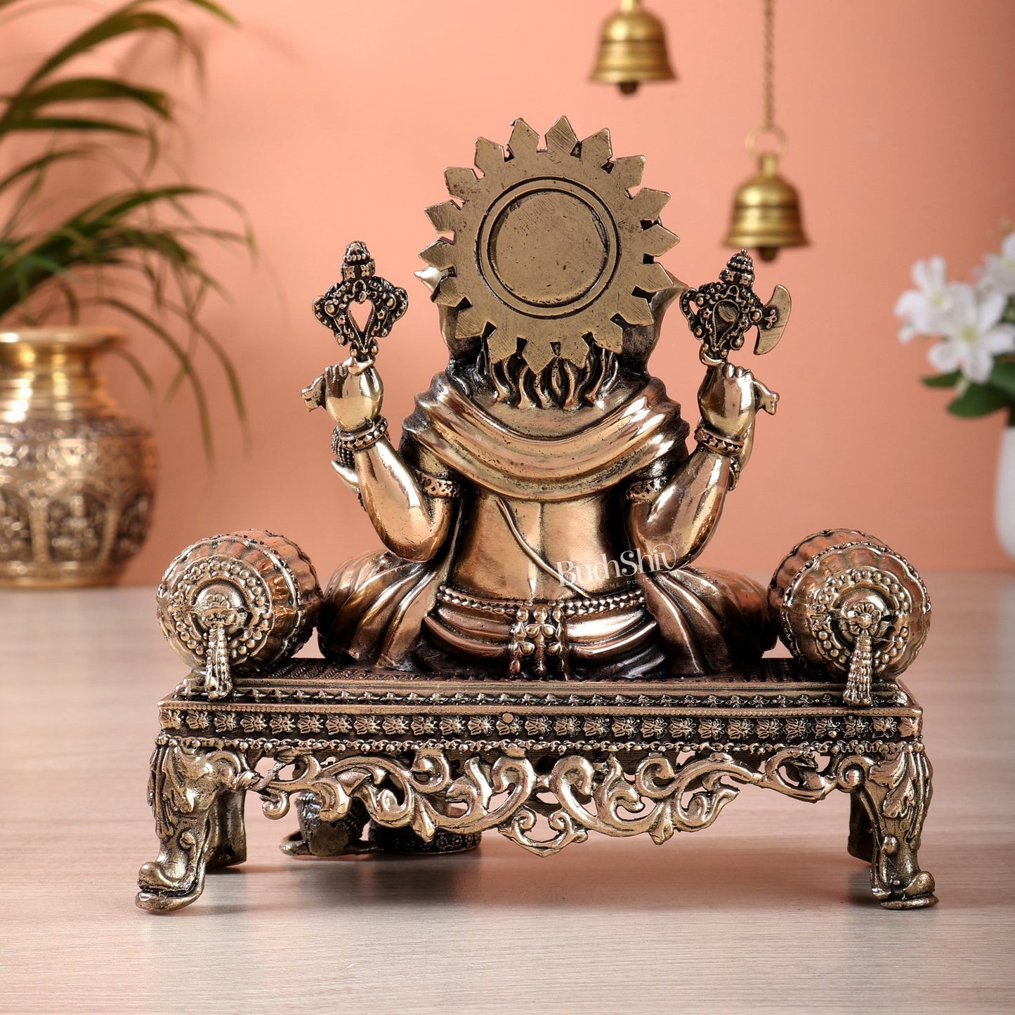 Brass Superfine Ganesha on throne idol 4 and 5.5 inch - Budhshiv.com