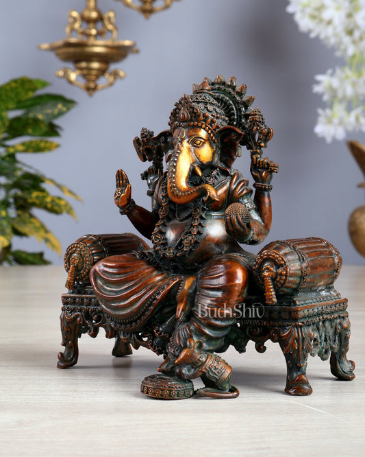 Brass Superfine Ganesha on throne idol chola tone 4 and 5.5 inch - Budhshiv.com
