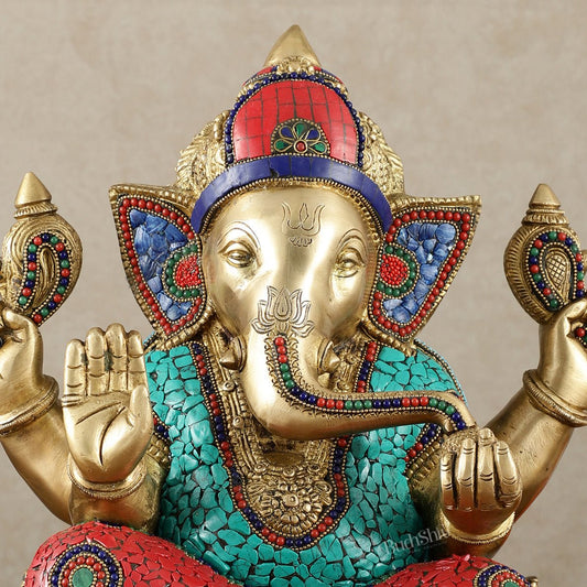 Brass Superfine Ganesha Statue with Meenakari & Stonework – 13.5 Inch - Budhshiv.com