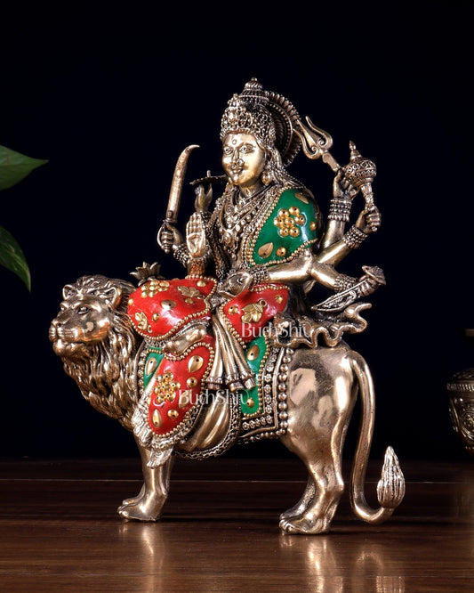 Brass Superfine Goddess Durga Ambe Mata Sitting on Lion - 8" Tall meenakari - Budhshiv.com