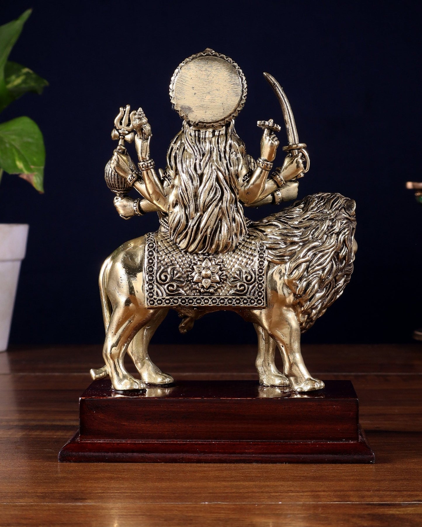 Brass Superfine Goddess Durga Idol on Wooden Base (6 Inch) - Budhshiv.com