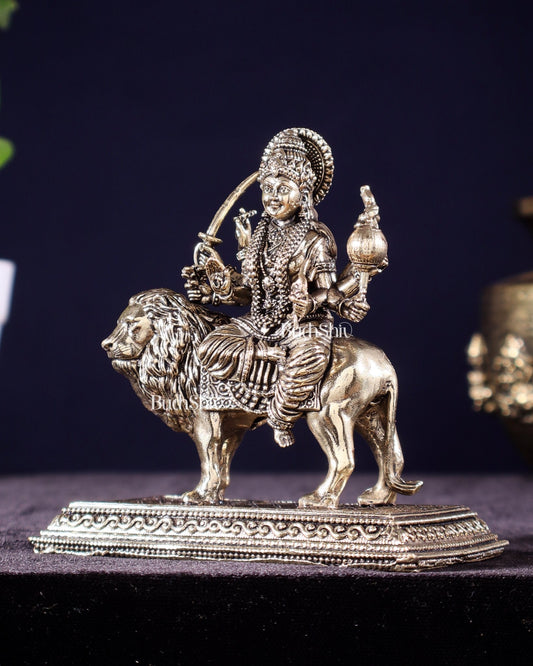 Brass Superfine Goddess Durga on Lion Idol – 5" Height, Intricate Work - Budhshiv.com