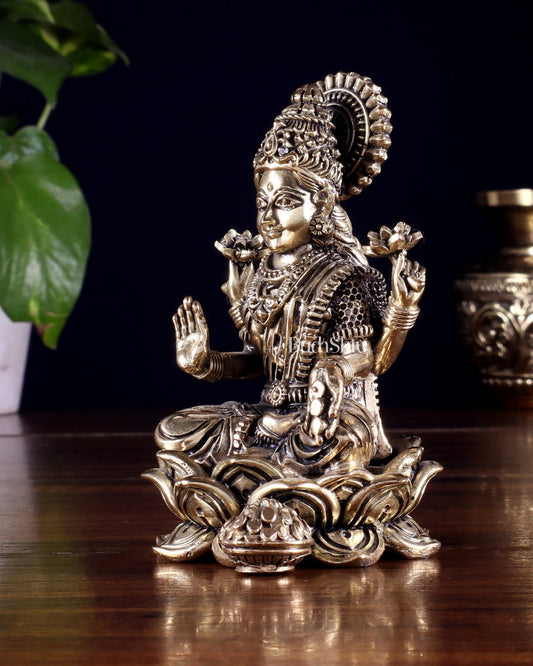 Brass Superfine Goddess Lakshmi on Lotus Idol 4 inch - Budhshiv.com