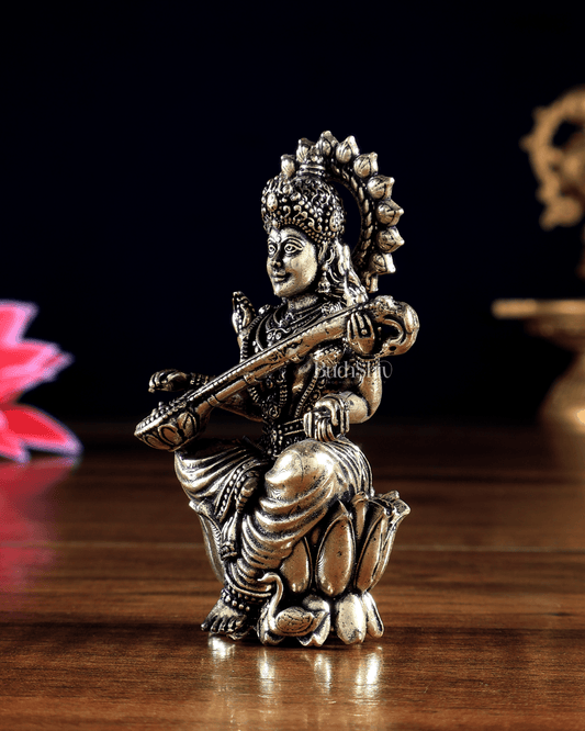 Brass Superfine Goddess Saraswati Miniature Idol 2.5 inch - Budhshiv.com