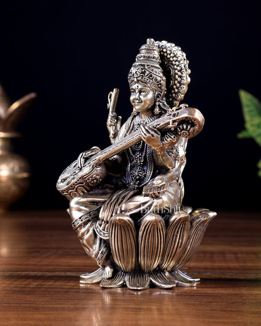 Brass Superfine Goddess Saraswati on Lotus Idol 5 inch - Budhshiv.com
