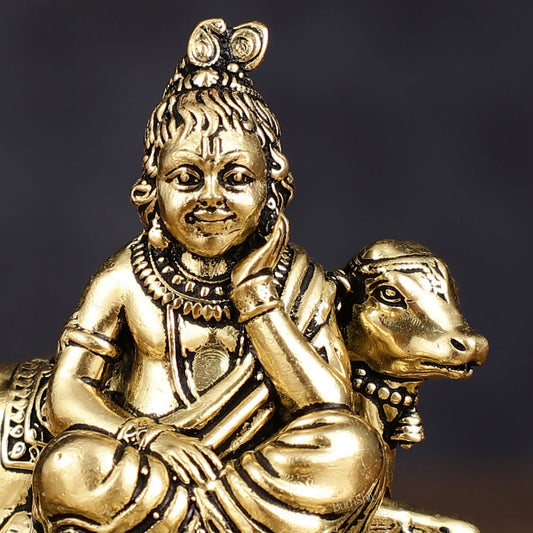 Brass Superfine Intricately Carved Bal Gopal Shri Krishna with Cow Idol - Budhshiv.com