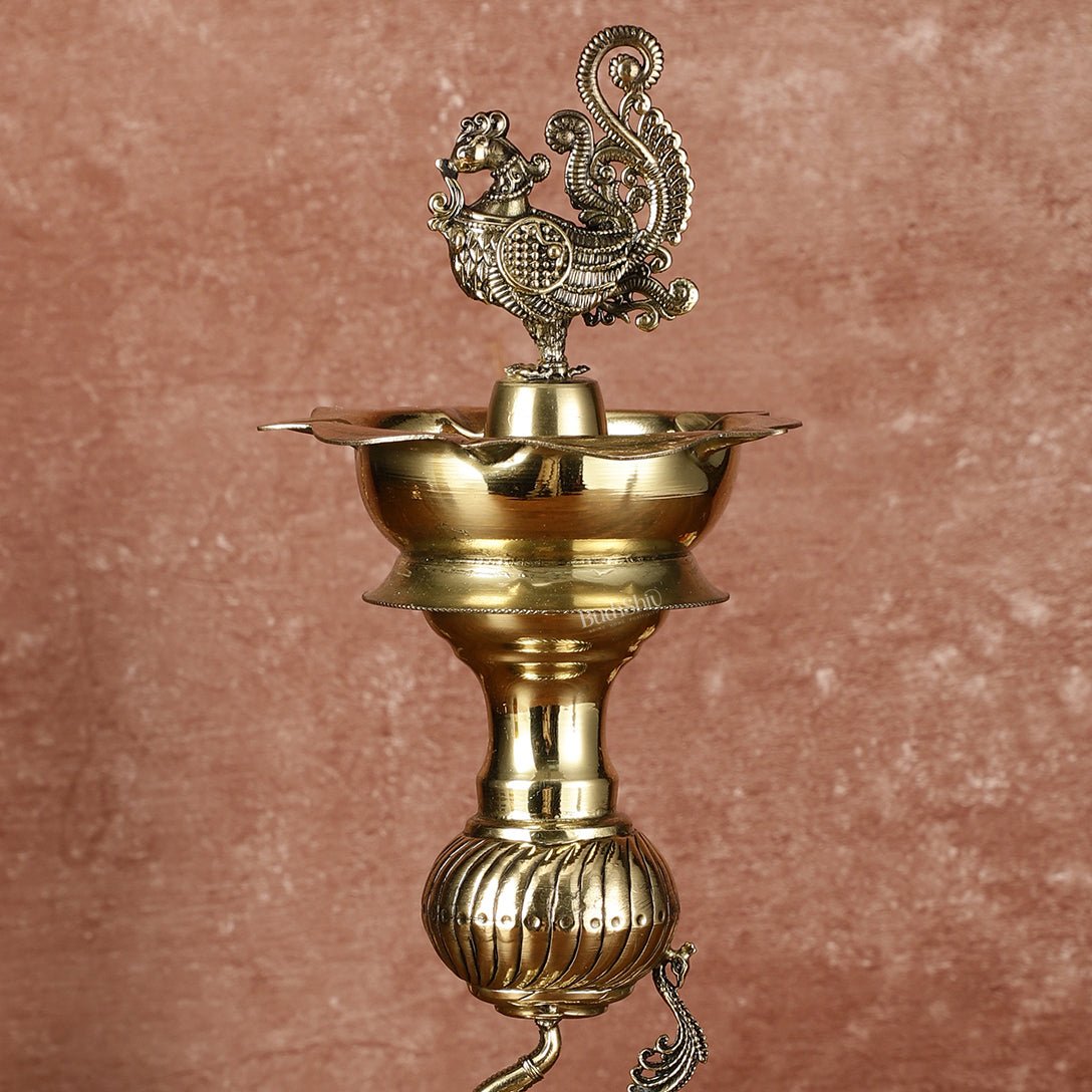 Brass Superfine Jumping Elephant Peacock Lamp - Intricately Handcrafted - 11.5" Tall - Budhshiv.com