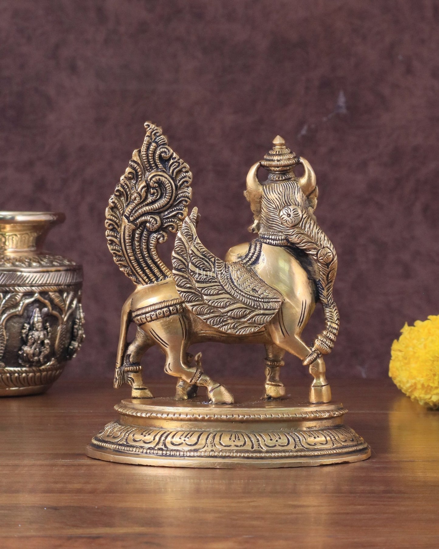 Brass Superfine Kamdhenu Cow with Calf Idol - Gold Finish, Divine Symbol of Abundance - Budhshiv.com