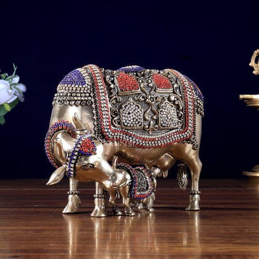 Brass Superfine Kamdhenu Cow with Calf Idol – Jewellers Work Detailing - Budhshiv.com