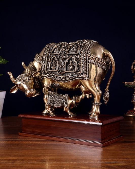 Brass Superfine Kamdhenu Cow with Calf with ashtalakshmi carvings on Wooden Base – 9.5 Inch - Budhshiv.com