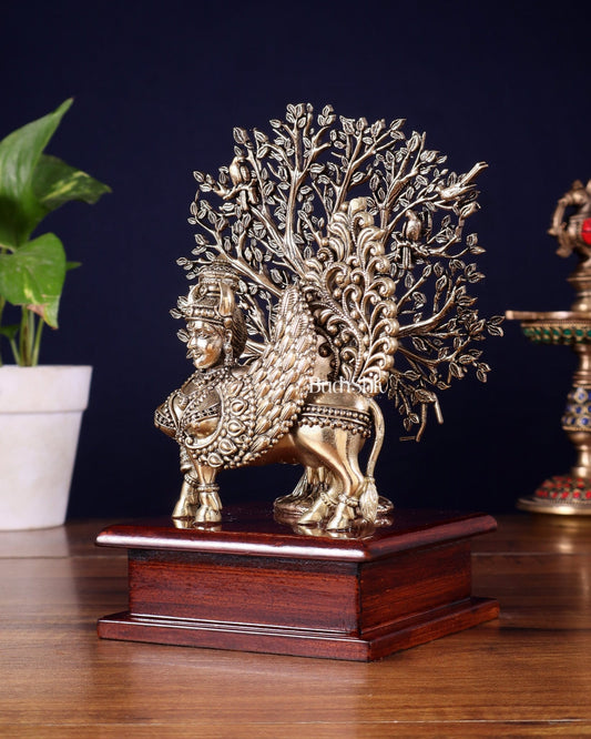 Brass Superfine Kamdhenu Cow with Goddess Face under Kalpavriksha tree on Wooden Base – 8 Inch - Budhshiv.com
