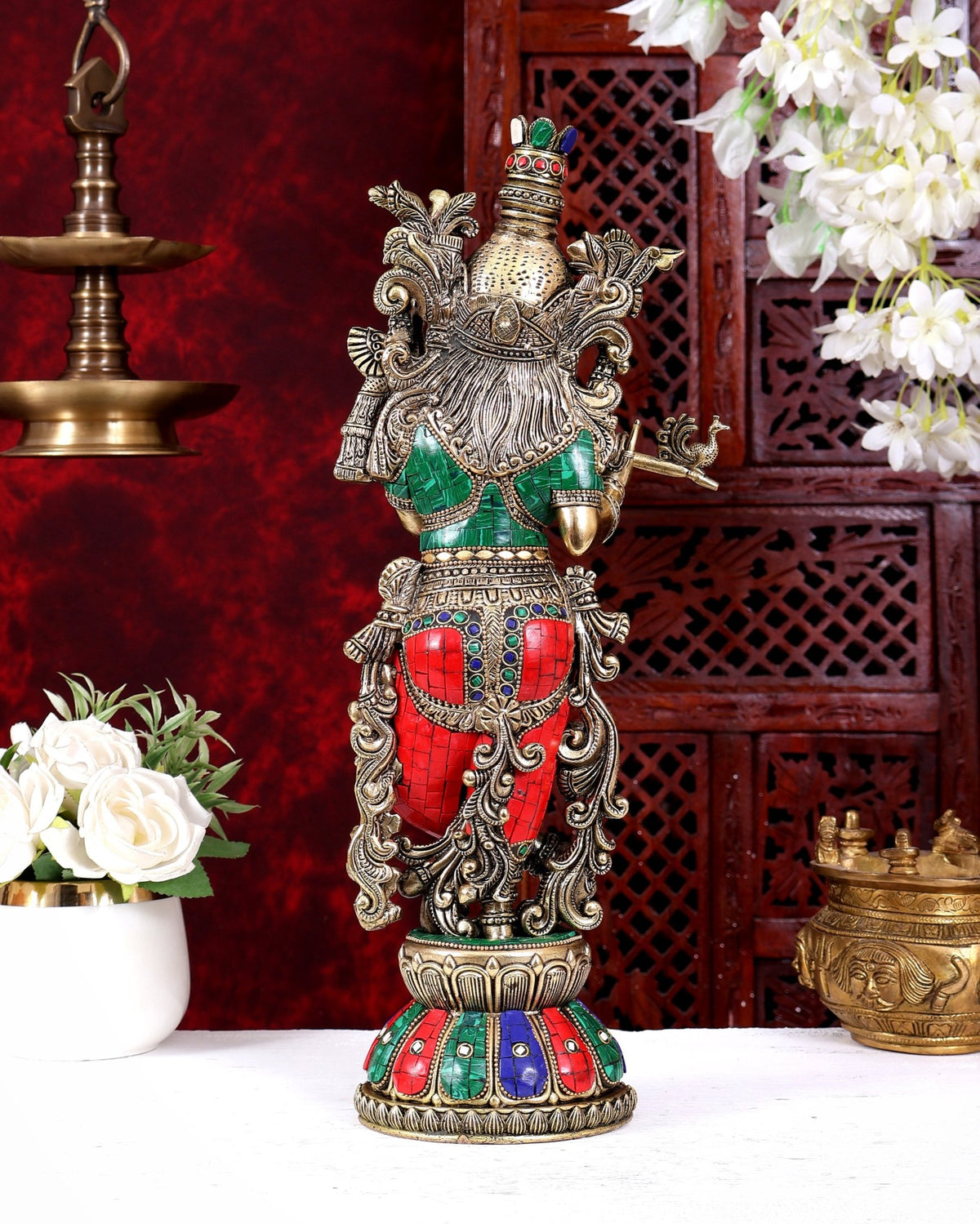 Brass Superfine Krishna idol 16 inch with stonework - Budhshiv.com