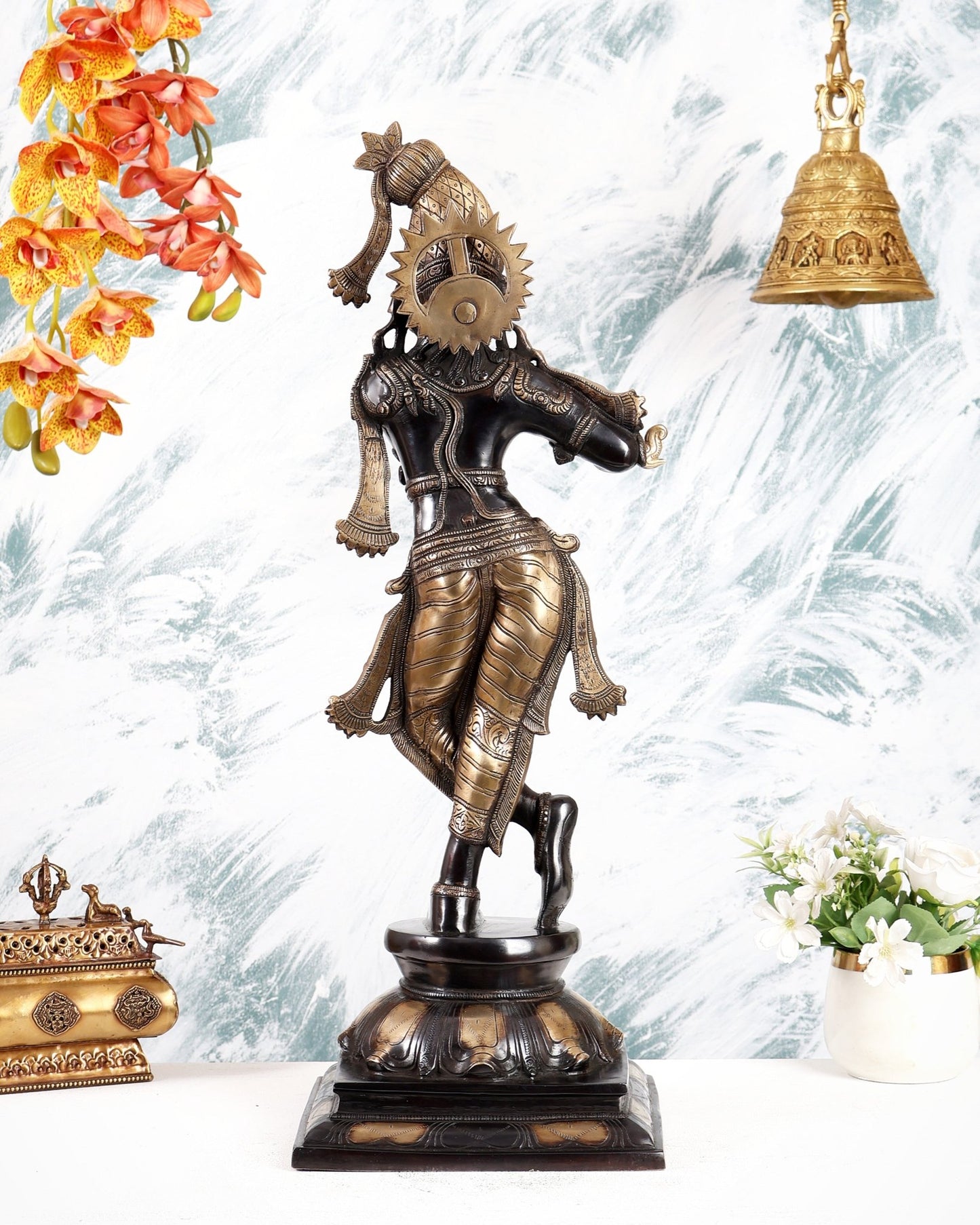 Brass Superfine Krishna Sculpture with Unique Crown 23 inch black edition - Budhshiv.com