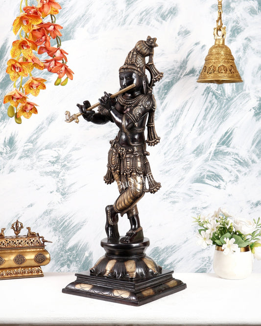 Brass Superfine Krishna Sculpture with Unique Crown 23 inch black edition - Budhshiv.com