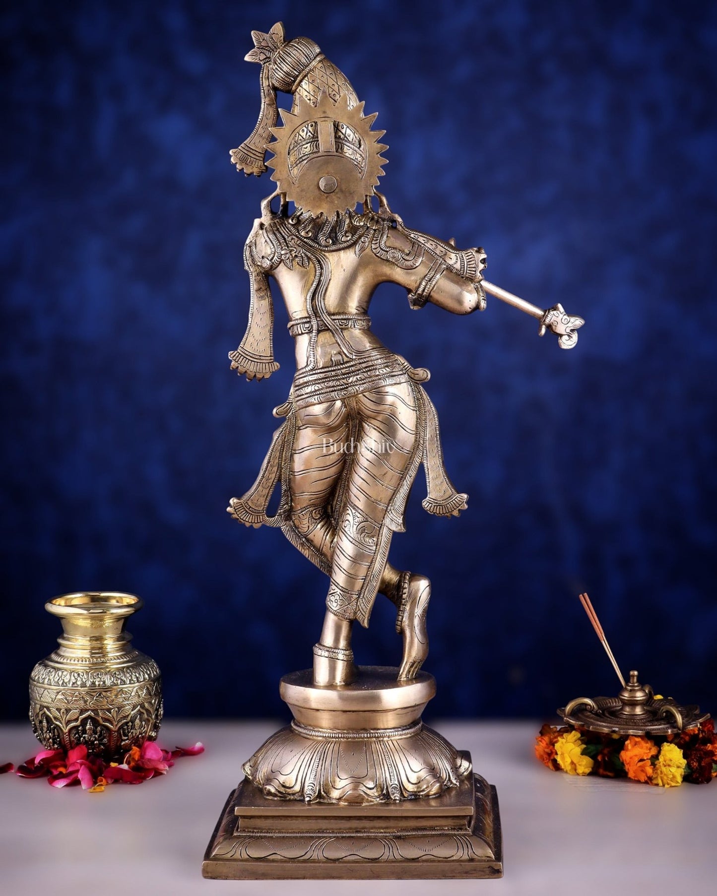 Brass Superfine Krishna Sculpture with Unique Crown & Stance - 23.5" - Budhshiv.com