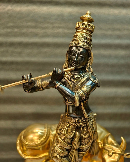 Brass Superfine Krishna With Cow Sculpture - Handcrafted Brass, 25.5" Tall, 26kg - Budhshiv.com