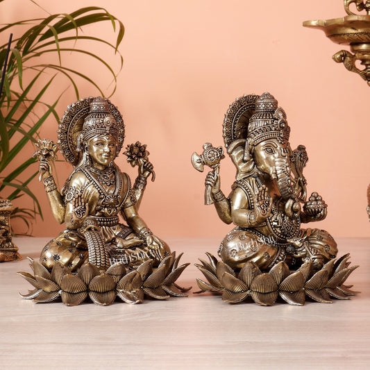 Brass Superfine Lakshmi Ganesh Set on Lotus – 6 & 7 Inch Auspicious Idol Pair - Budhshiv.com