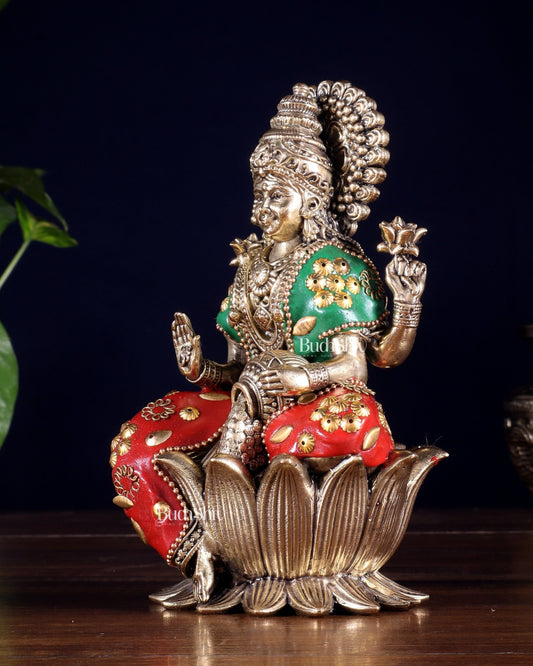 Brass Superfine Lakshmi Idol - lotus base meenakari - Budhshiv.com