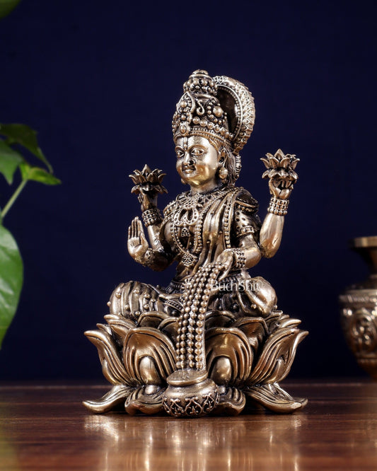 Brass Superfine Lakshmi Idol on Lotus Base 5" - Budhshiv.com