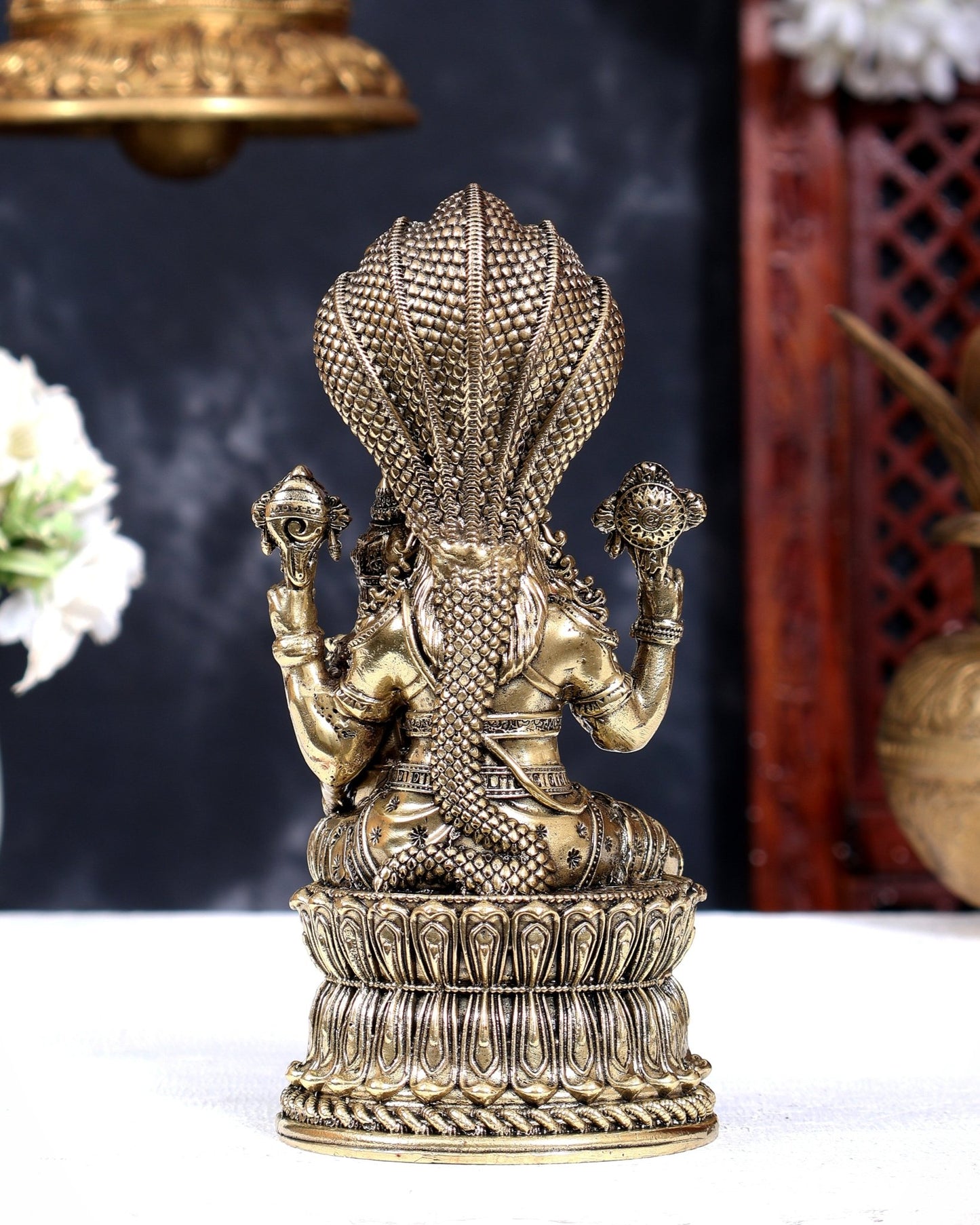 Brass Superfine Lakshmi Narayana with Sheshanaag Idol | Seated Vishnu Lakshmi 6.5 inch - Budhshiv.com