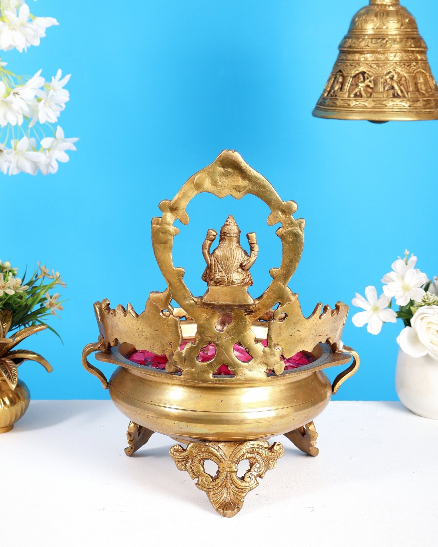 Brass Superfine Lakshmi Urli with Dual Peacocks – Decorative Festive Bowl 11 inch - Budhshiv.com