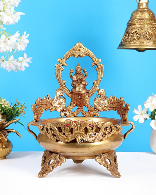 Brass Superfine Lakshmi Urli with Dual Peacocks – Decorative Festive Bowl 11 inch - Budhshiv.com
