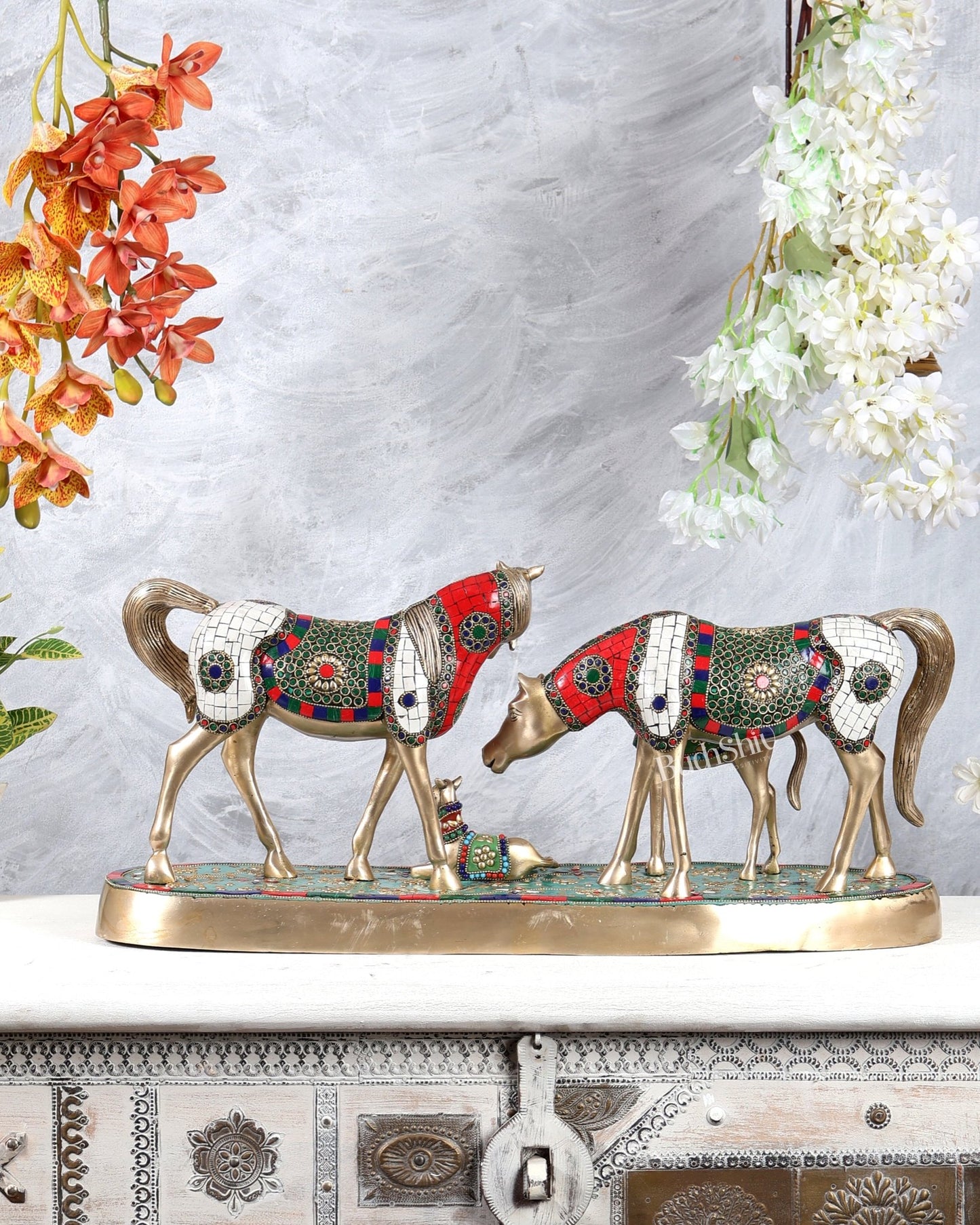 Brass Superfine Large Horse Family Sculpture with stonework 24" wide - Budhshiv.com