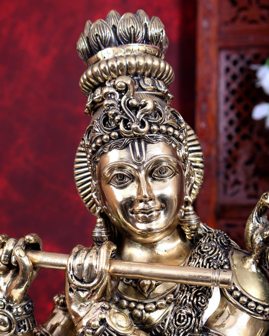 Brass Superfine Large Krishna with Cow & Peacock Idol | Highly Detailed | Pure Brass Govinda Sculpture - Budhshiv.com