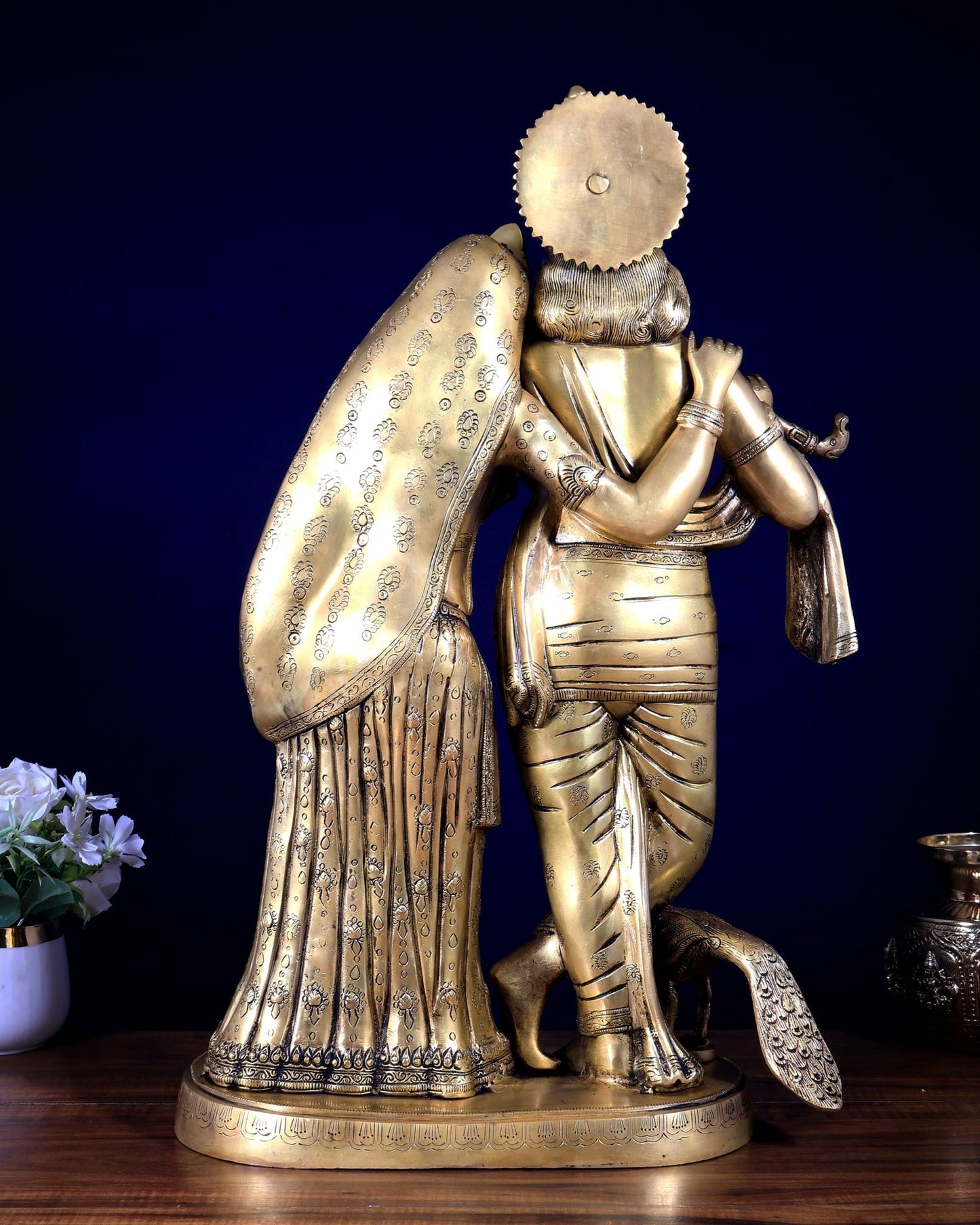Brass Superfine Large Radha Krishna with peacock Standing Together Statue - 24" - Budhshiv.com