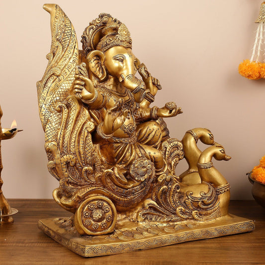 Brass Superfine Lord Ganesha Idol on Swan Chariot - 21.5 Inches - Budhshiv.com