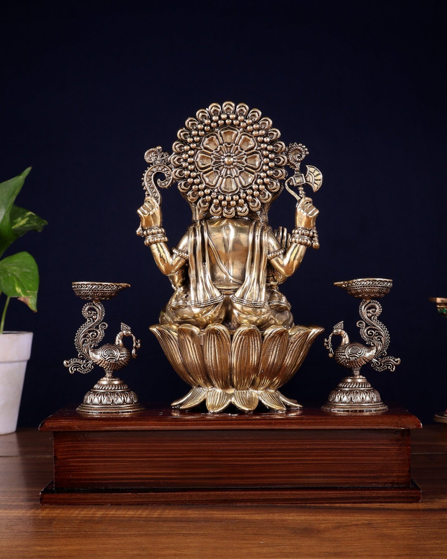 Brass Superfine Lord Ganesha Idol with Twin Peacock Lamps on Wooden Base – 9.5 Inch - Budhshiv.com