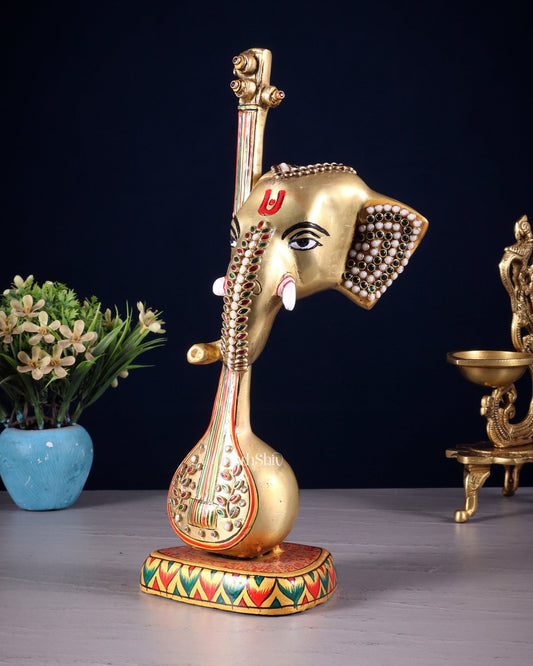 Brass Superfine Lord Ganesha with sitar laakh meenakari - 12 Inch - Budhshiv.com