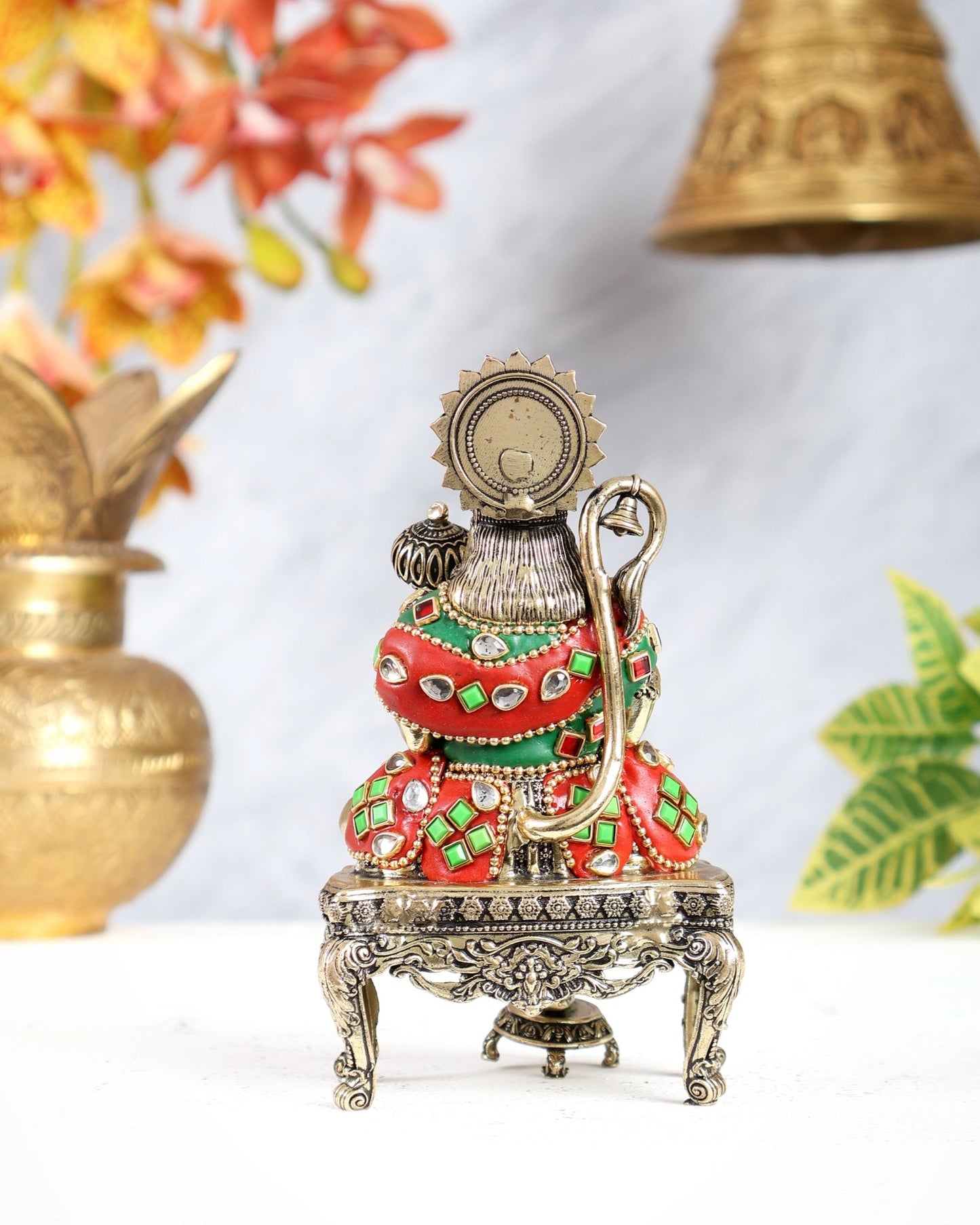 Brass Superfine Lord Hanuman on Throne Idol 5.5 inch with meenakari - Budhshiv.com