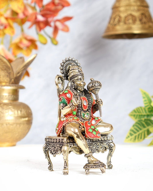 Brass Superfine Lord Hanuman on Throne Idol 5.5 inch with meenakari - Budhshiv.com