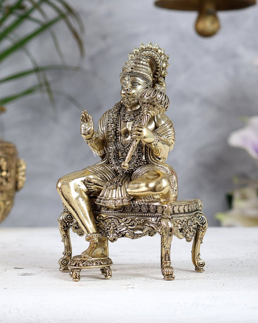 Brass Superfine Lord Hanuman on Throne Idol 5.5 inch - Budhshiv.com
