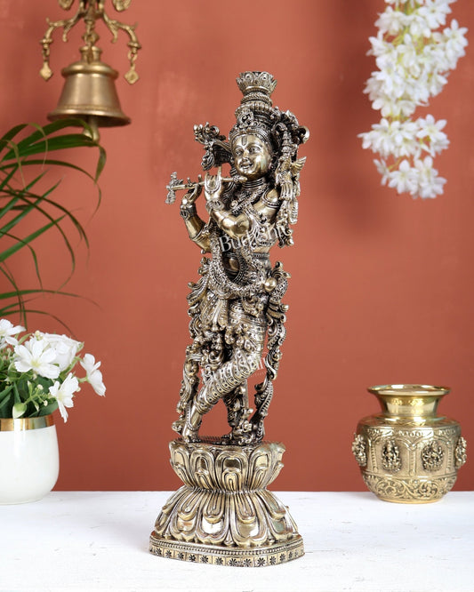 Brass Superfine Lord Krishna Idol | Intricately Handcrafted Divine Sculpture 15 inch (38 cm) - Budhshiv.com