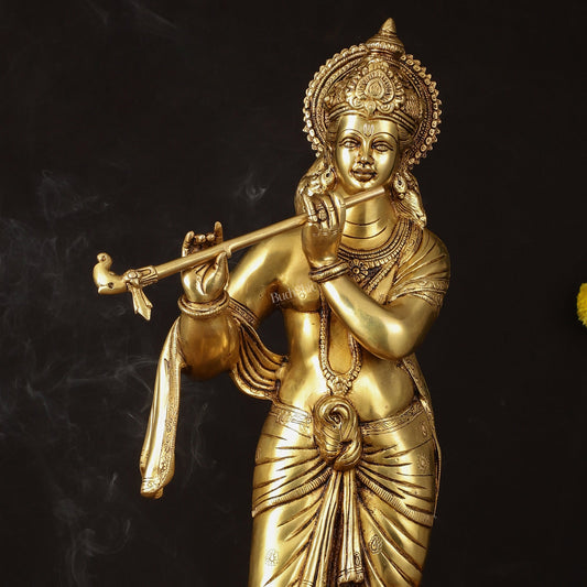 Brass Superfine Lord Krishna Sculpture - 26.5" Height, Enhanced Carvings - Budhshiv.com