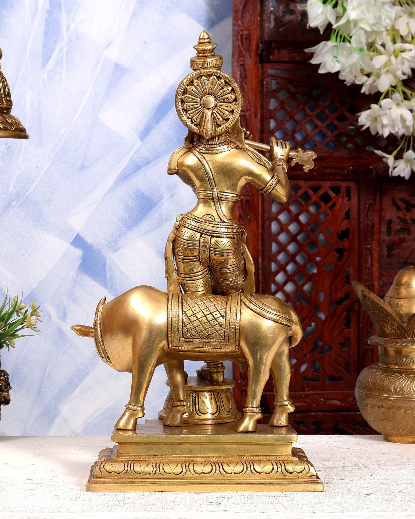 Brass Superfine Lord Krishna with Cow Idol | Highly Detailed South Indian Style | Pure Brass Krishna Sculpture 16 inch - Budhshiv.com