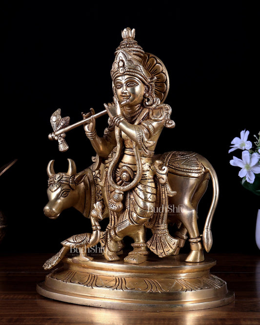 Brass Superfine Lord Krishna with Cow & Peacock – 13 inch - Budhshiv.com