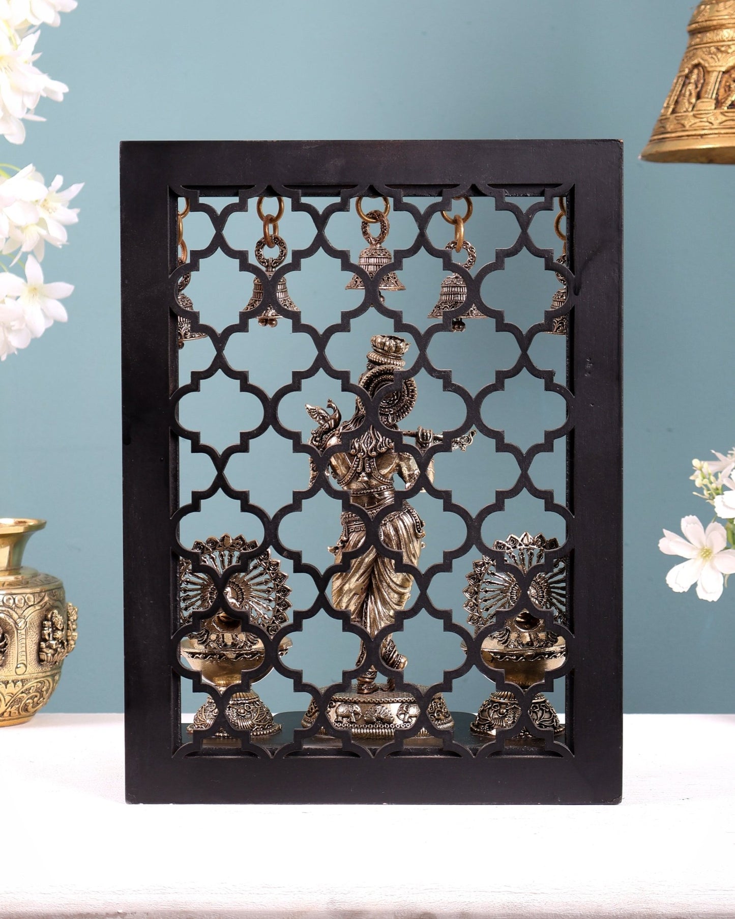 Brass Superfine Lord Krishna with Dual Peacock Lamps & Hanging Bells – MDF Temple Frame - Budhshiv.com