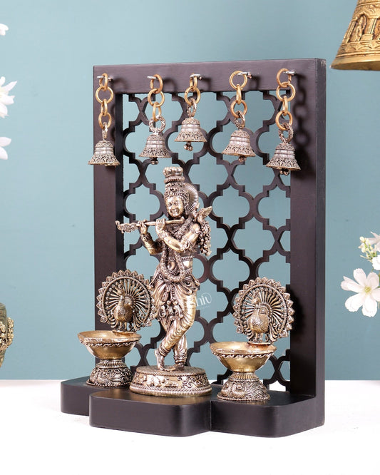 Brass Superfine Lord Krishna with Dual Peacock Lamps & Hanging Bells – MDF Temple Frame - Budhshiv.com