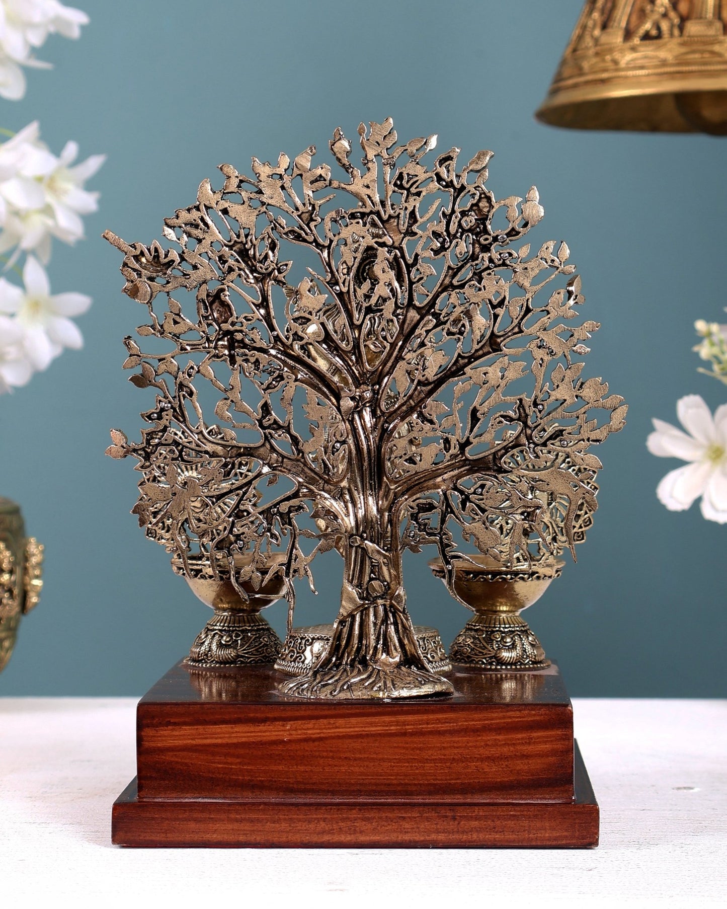 Brass Superfine Lord Krishna with Kalpavriksha & Twin Peacock Lamps on Wooden Base – Decorative Gift Piece (8 Inches) - Budhshiv.com