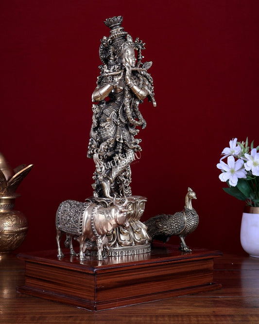 Brass Superfine Lord Krishna with Kamdhenu Cow, Calf & Peacock on Wooden Base 14 inch - Budhshiv.com