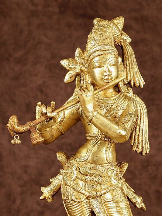 Brass Superfine Lord Krishna with Unique Crown Idol | Height: 14.5 inch - Budhshiv.com